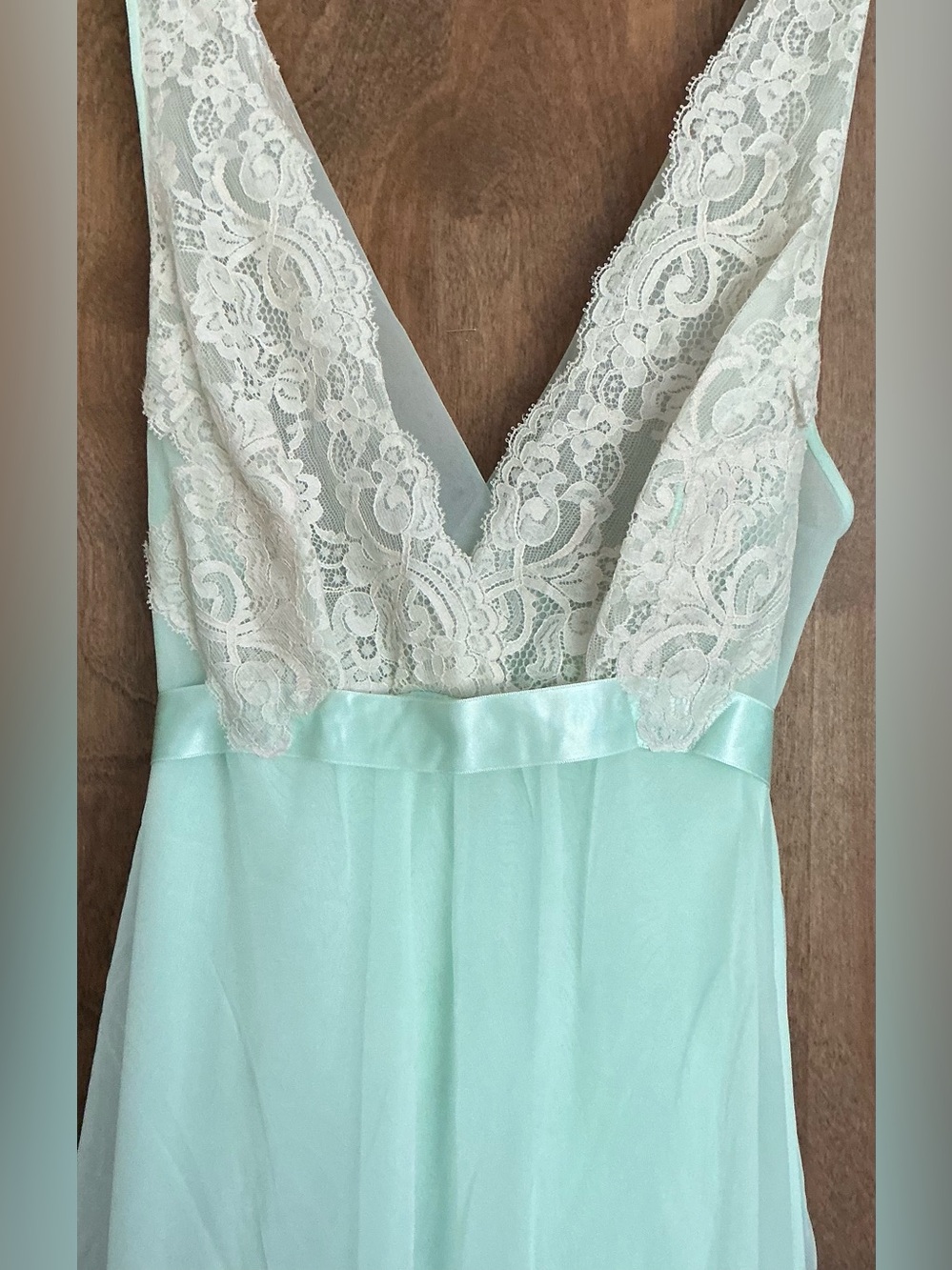 VTG Shadowline Peignoir Set Mint Green Nylon Chiffon Nightgown Gown Robe Lace S - Picture 7 of 16